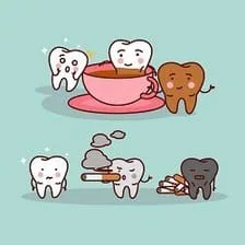 graphic of cartoon teeth smoking, sitting in teacup, and stained before Fairfield, CA teeth whitening