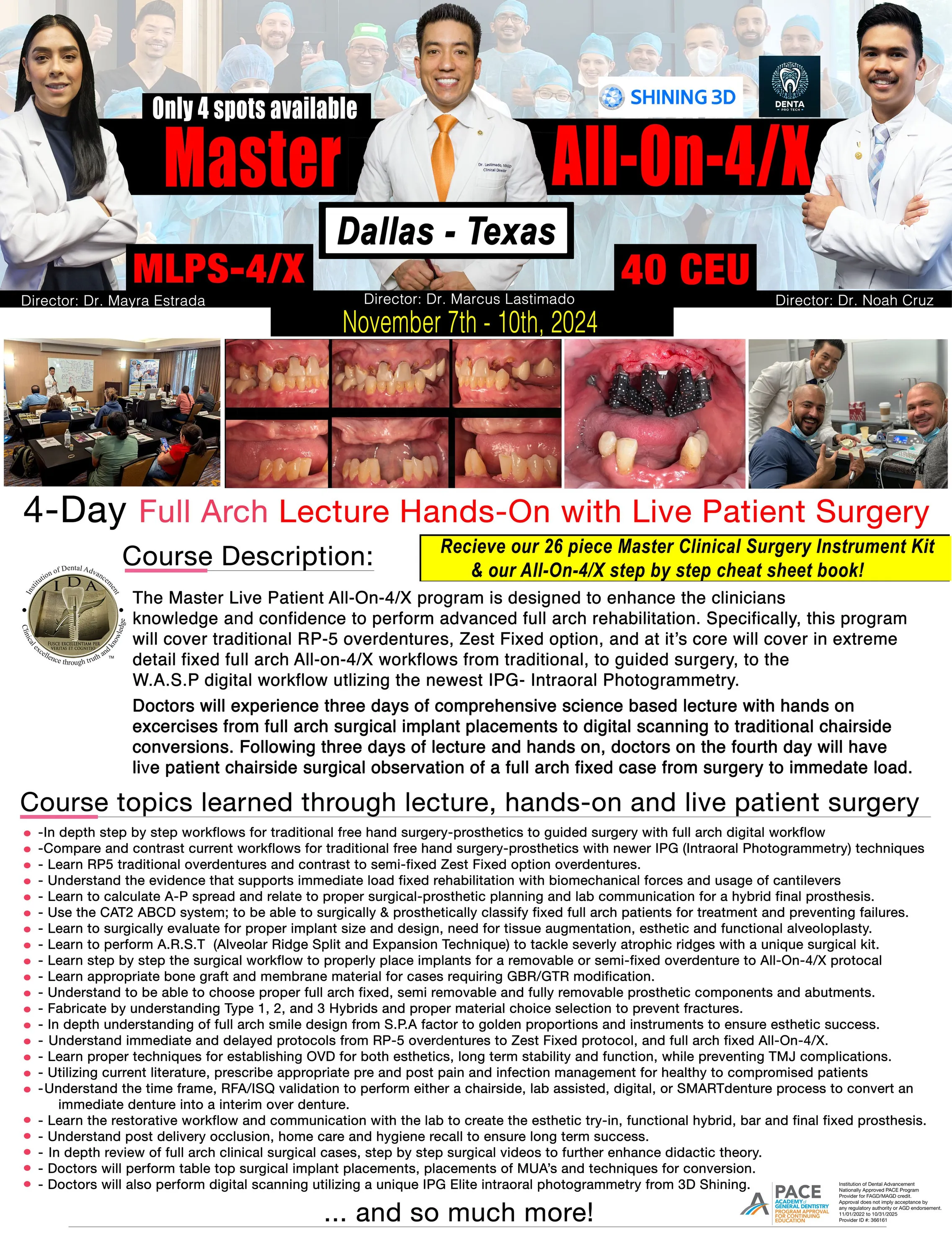 live patient all on 4 over dentures full arch training course Dallas texas