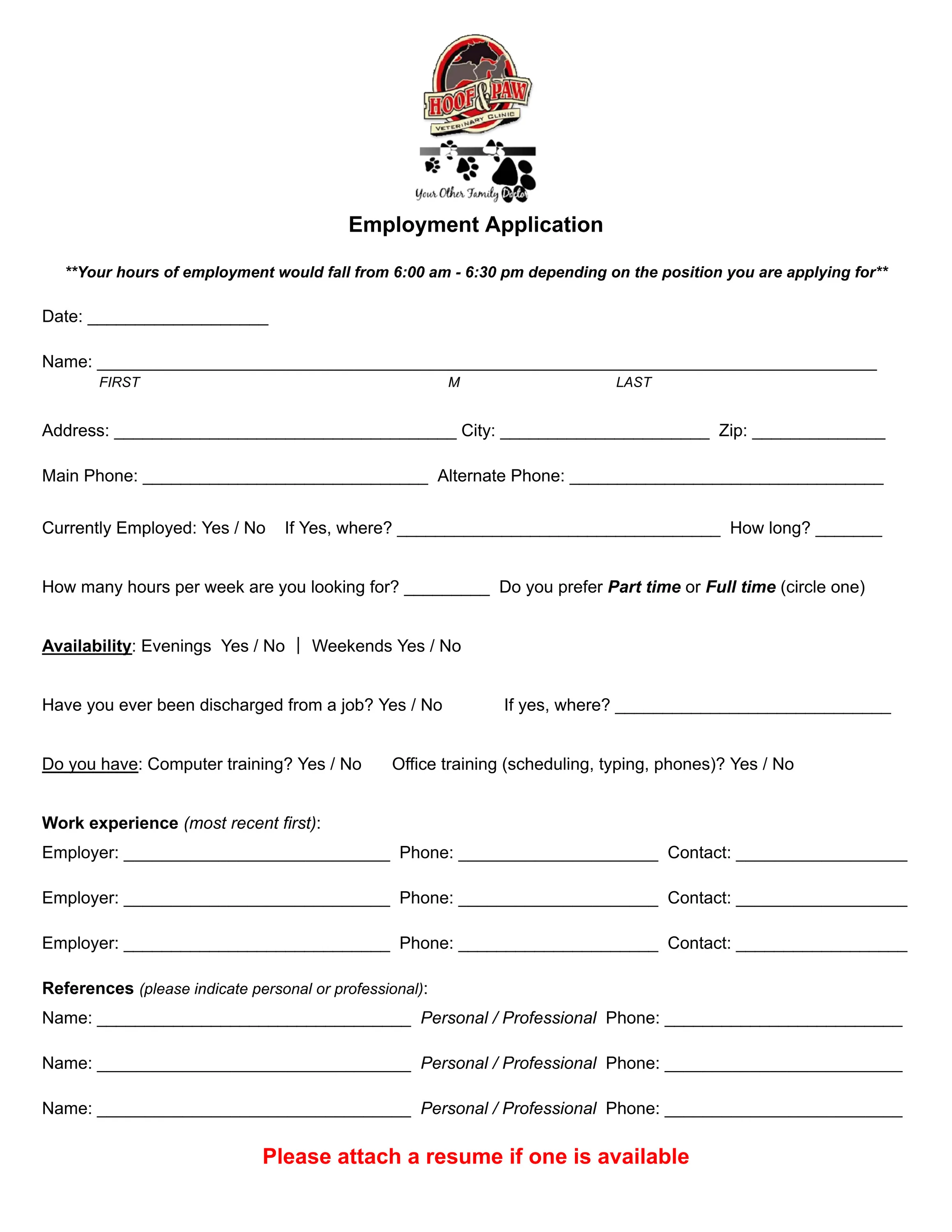 Hoof and Paw Employment Application