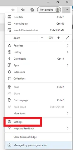 Settings menu highlighted in Settings and more (Alt + F4) menu in Microsoft Edge