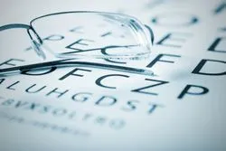 image of eye glasses on an eye chart. 