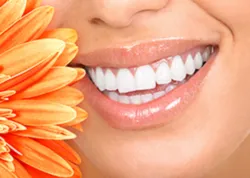 close up of orange flower next to woman's smiling mouth and bright white teeth, professional teeth whitening Olympia Fields, IL
