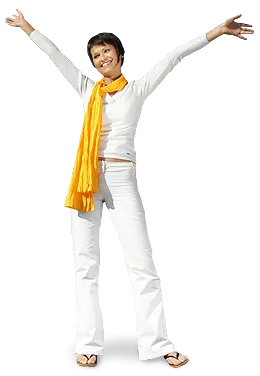 A happy, healthy woman in all white and yellow scarf rejoicing for chiropractic relief care.