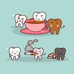 illustration of group of cartoon teeth sitting in coffee, smoking cigarette, showing effects of staining on teeth, teeth whitening Littleton, CO dentist