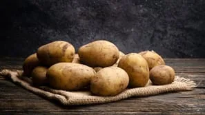 A bunch of potatoes on a sack cloth. Black background and wooden table.