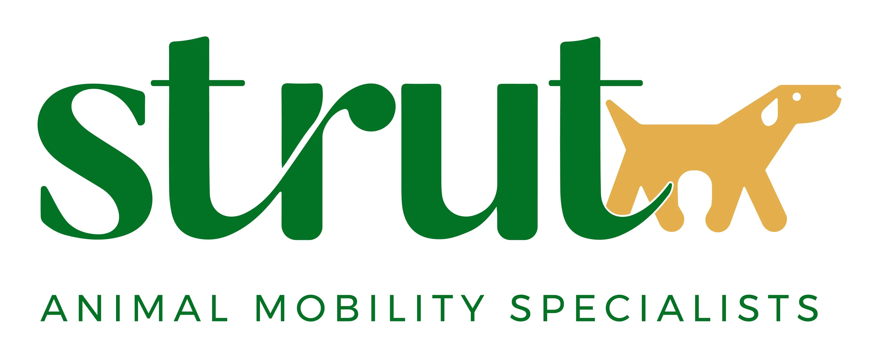 strut animal mobility specialists logo. Green text with yellow dog looking up and to the right.