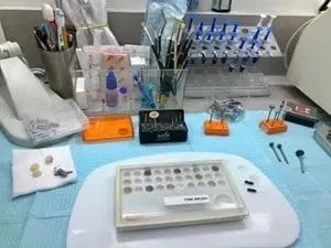 work station at James Warren Dental for staff to craft and color match custom CEREC crowns, Millbrae, CA