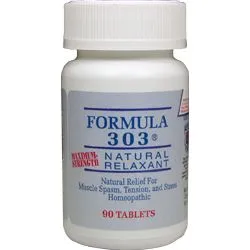 FORMULA 303 ® NATURAL RELAXANT Homeopathic Formula Gluten Free Natural Relief For Muscle Spasm, Tension, and Stress associated with: • Leg Cramps • Restless Leg Syndrome • FibroMyalgia • Low Back Pain • Muscle Pain • Back Sprain and Strain • PMS Menstrual Cramps • Pulled Muscles • Neck and Shoulder Pain • Nervousness • Mild Insomnia 