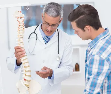 Chiropractor pointing to model spine with patient