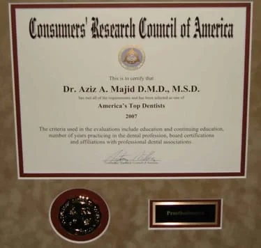 award certificate for America's Top Dentists 2007 for Dr. Aziz A. Majid, DMD, MSD - Dentist Harrisburg PA