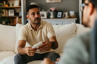 Therapist providing guidance to man addressing self-esteem and confidence issues