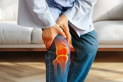 Woman holding her knee in pain due to arthritis.