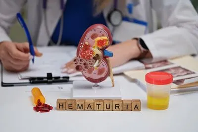 Wooden blocks spelling 'Hematuria' next to urine sample, medicine, and kidney model