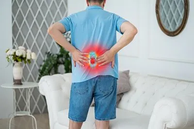 Man holding lower back in pain due to degenerative disc disease