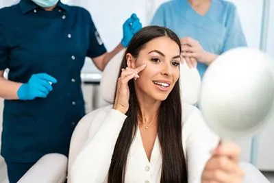 Woman looking at herself in mirror following aesthetic treatment at clinic.