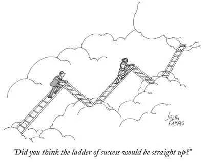 comic strip of people climbing an uneven ladder of success into the clouds