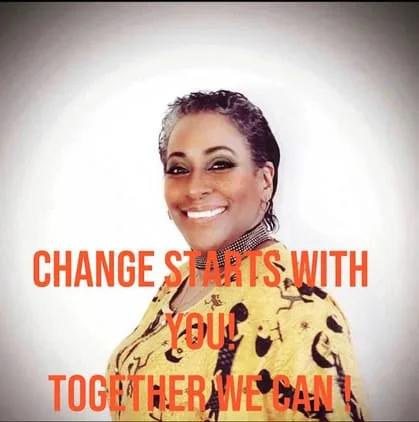 smiling woman with text "Change starts with you. Together we can!"