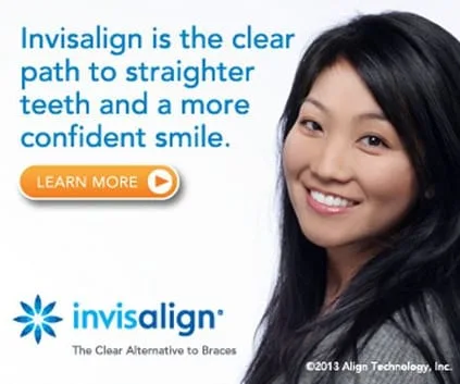 graphic ad for Invisalign, woman smiling wearing Invisalign Novi, MI
