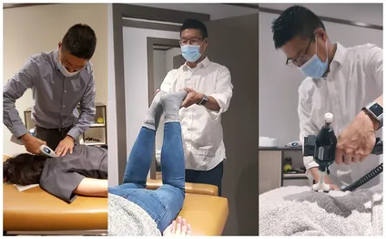 Dr Kim, applying a Chiropractic treatment, with the Activator method to a patient in our Downtown Calgary Clinic