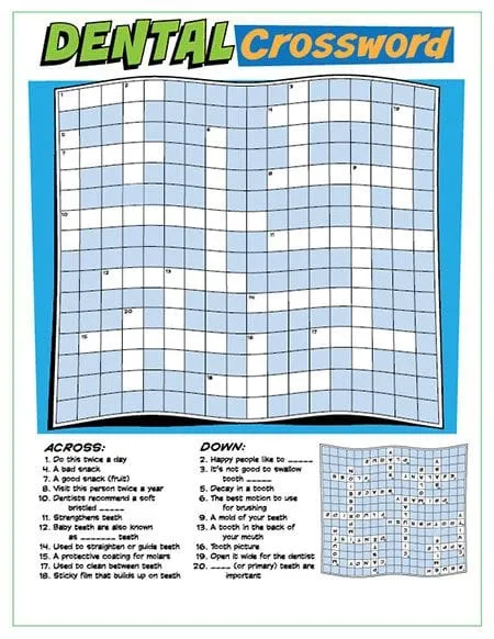 Dental Crossword Puzzle Activity Sheet - Pediatric Dentist in Highlands Ranch, CO