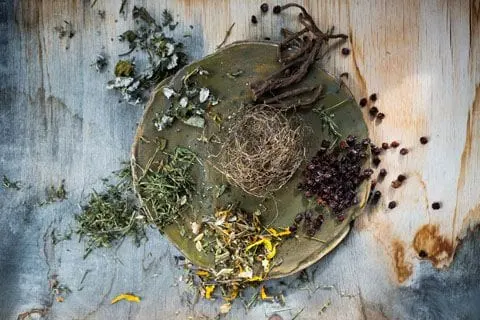 Herbs and medicine on a plate