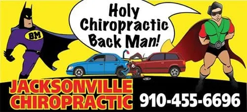 Batman and Robin saving car accident victims with chiropractic care.