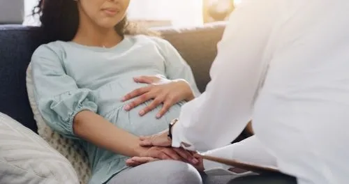 Pregnant woman participating in a perinatal therapy session.