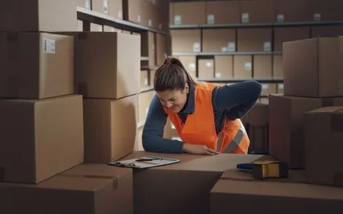 Woman experiencing back pain from a workplace injury.