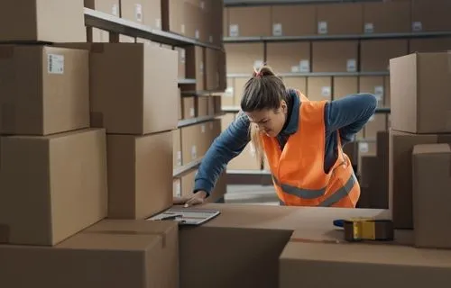 Woman suffers from back pain after lifting heavy boxes at work