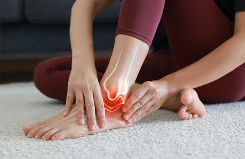 A woman holding her foot and ankle due to arthritis pain at home.