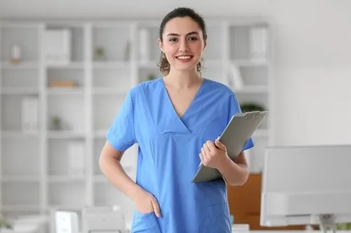 woman in scrubs holding clipboard