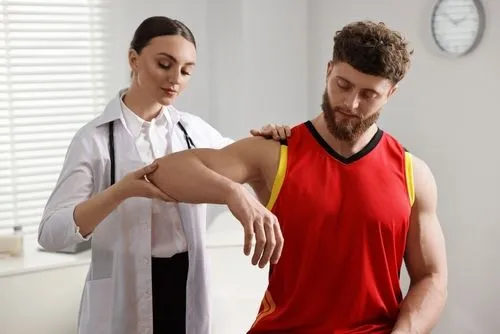 Athlete undergoing chiropractic evaluation for shoulder injury.