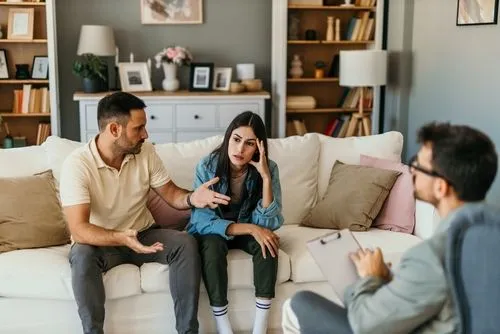 Couples discussing relationship issues with therapist