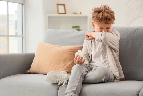 Young boy sneeze on sofa indoor