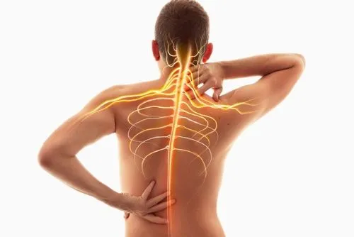 A man experiencing pinched nerve pain with a visual overlay highlighting affected nerves.