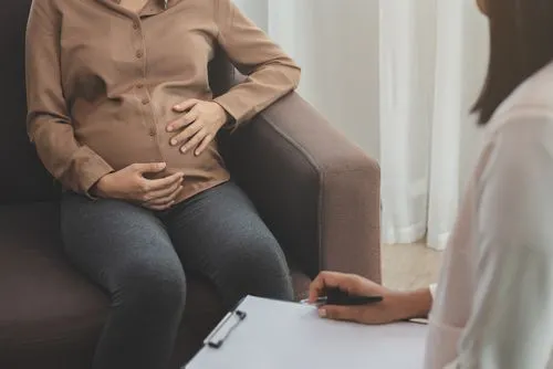 Pregnant woman attending counseling session with therapist for prenatal emotional support.