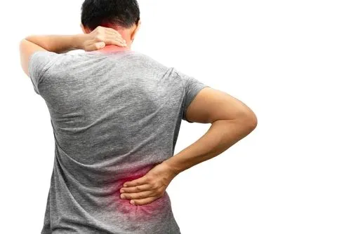 A man holding his neck and back due to pain and discomfort.