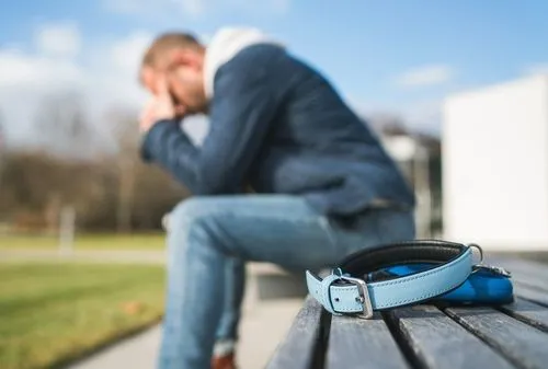 Grieving man with his deceased pet's collar, showing sadness and loss