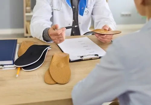 Podiatrist explaining custom orthotics to a patient