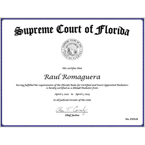 Supreme Court of Flordia Certificate