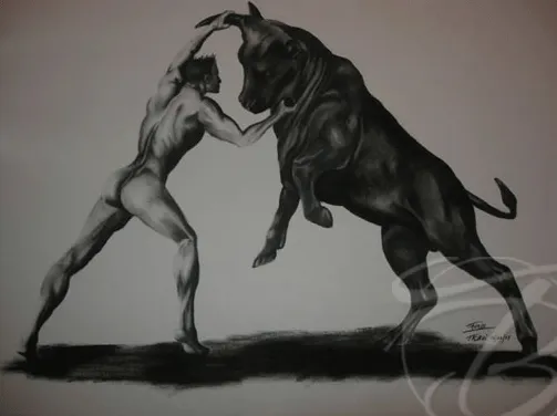 Sketch of Man Fighting Bull