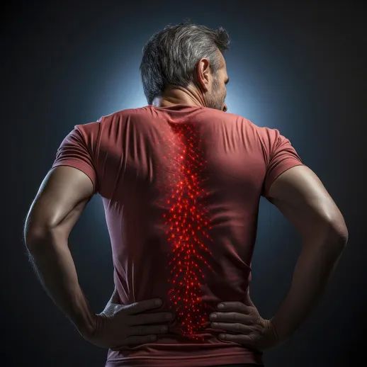 man with back pain wearing red t-shirt