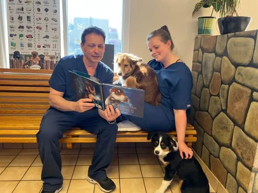 image of vets reading to dog