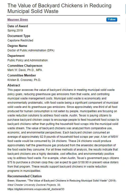 Value of backyard chickens on solid waste reduction