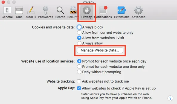 Manage Website Data... button highlited in Safari Privacy menu in macOS