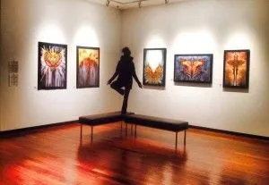 balancing on one foot in art gallery