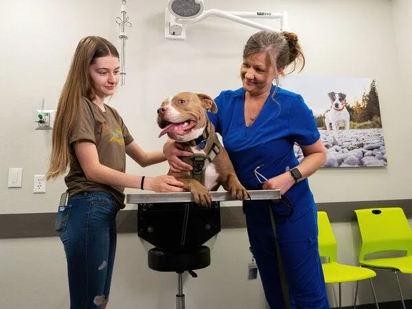 Photo of a patient and vet tech with goofy dog on exam table. 