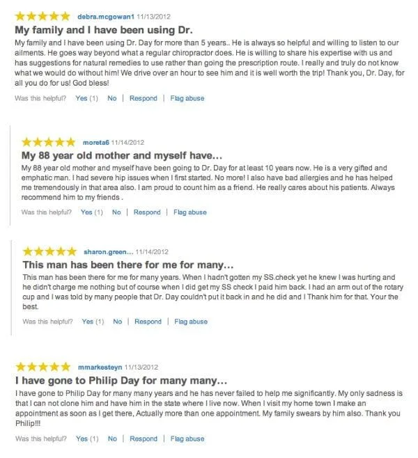 Testimonials from yellow pages about Dr. Day