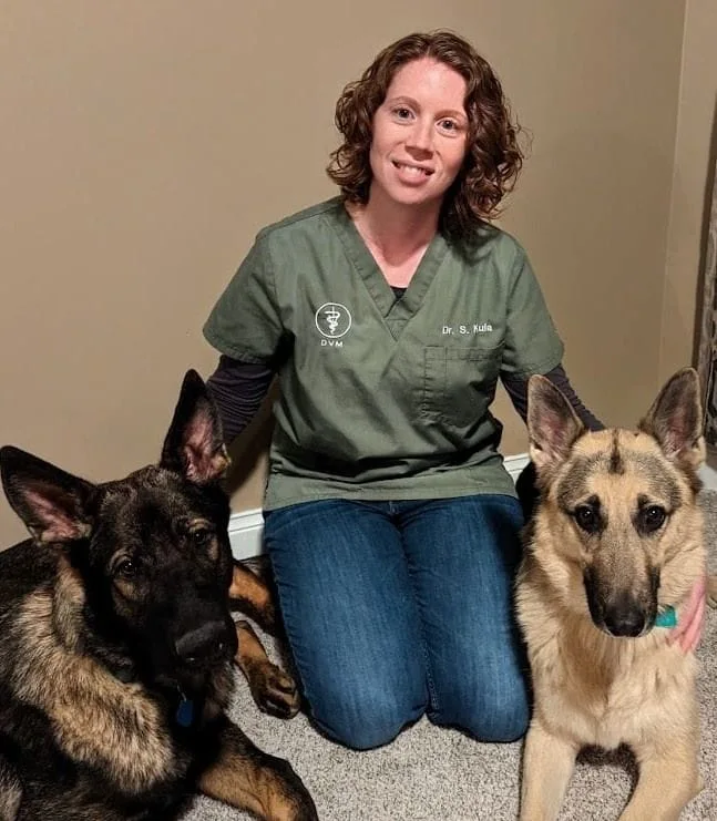 Dr. Stacy Kula with her German Shepherds