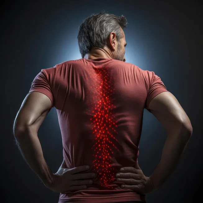 man with back pain wearing red t-shirt